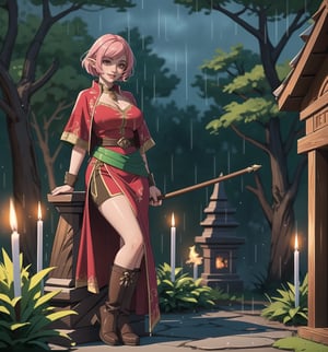 An ultra-detailed 16K masterpiece in the styles of Warcraft, fantasy and adventure, rendered in ultra-high resolution with realistic detail. Naiya, a beautiful 23-year-old woman, is dressed as an archer in an elven forest at night, when it's raining hard. She wears a green suit of clothes, a brown sash, brown boots and brown gloves. Her short pink hair is styled in a Mohican cut, with gradient effects. She has red eyes, looking at the viewer while smiling, showing her teeth and wearing red lipstick. The image emphasises Naiya's imposing figure and the architectural elements of the elven forest. The trunks, trees, rock structures, pillars and wooden structures create a mysterious and tense atmosphere. The melted wax candles, stone sarcophagus and bones scattered on the ground add macabre detail to the scene. Soft, sombre lighting effects create a relaxing, mysterious atmosphere, while detailed textures on the structures and costume add realism to the image. | A tense and mysterious scene of a beautiful female archer in an elven forest at night, raining heavily, fusing elements of Warcraft, fantasy and adventure. (((The image reveals a full-body shot as Naiya assumes a sensual pose, engagingly leaning against a structure within the scene in an exciting manner. She takes on a sensual pose as she interacts, boldly leaning on a structure, leaning back and boldly throwing herself onto the structure, reclining back in an exhilarating way.))). | ((((full-body shot)))), ((perfect pose)), ((perfect limbs, perfect fingers, better hands, perfect hands, hands)), ((perfect legs, perfect feet)), ((huge breasts)), ((perfect design)), ((perfect composition)), ((very detailed scene, very detailed background, perfect layout, correct imperfections)), Enhance, Ultra details++, More Detail, poakl