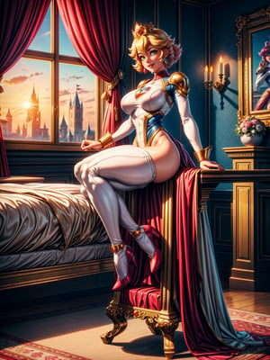 A woman, wearing the white mecha costume+MegaMan costume+Spider-Man costume, gigantic breasts, pink hair, very short hair, curly hair, bangs in front of the eyes, gold crown with jewels on the head, looking at the viewer, (((erotic pose interacting and leaning on an object))), in a princess room in a castle with furniture, statue, window showing the city with a beautiful sun at the top right, ((full body):1.5). 16k, UHD, best possible quality, ((best possible detail):1), best possible resolution, Unreal Engine 5, professional photography, ((Princess Peach)), perfect_hands, ((perfect_hand):1.2), in the style of SM