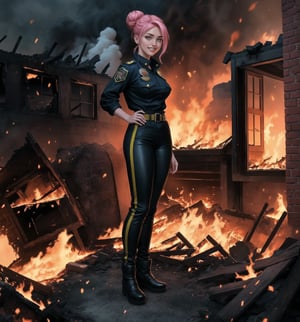 An ultra-detailed 8K masterpiece with a realistic and dramatic style, rendered in ultra-high resolution with graphic detail. | Maya, a young 23-year-old woman, is dressed in a yellow and black firefighter outfit consisting of a fire-resistant leather jacket, fire-resistant leather pants, black rubber boots, and a yellow helmet with a visor. She also wears black leather gloves, a seat belt with tools, and an oxygen tank on her back. Her pink hair is styled in a high bun, with a few loose strands falling across her face. She has green eyes, looking at the viewer with a ((confident smile that shows her teeth)). She is located inside a burning apartment, with destroyed structures, brick structures, burned machines and burned wooden structures. The fire is spreading quickly, creating high flames and thick smoke. Maya is using her experience and equipment to navigate the burning apartment, looking for survivors and fighting the flames. | The image highlights Maya's courageous figure and the destructive elements of the burning apartment. The destroyed structures, brick structures, burned machinery and burned wooden structures, along with the firefighter, create a chaotic and dangerous environment. The tall flames and thick smoke surrounding the firefighter add a dramatic touch to the scene. | Dramatic lighting effects with shades of red, orange and yellow highlight the contrasts between light and shadow, enhancing the intensity of the scene and creating an atmosphere of emergency. Detailed textures on the skin, suit, helmet, gloves, seat belt, oxygen tank and boots add realism to the image. | A dramatic and emotional scene of a young firefighter using her experience and equipment to navigate a burning apartment, searching for survivors and fighting the flames. | ((((full-body shot)))), ((perfect pose)), ((perfect limbs, perfect fingers, better hands, perfect hands, hands):0.8), ((perfect legs, perfect feet)), ((perfect design)), ((perfect composition)), ((very detailed scene, very detailed background, perfect layout, correct imperfections)), Enhance, Ultra details++, More Detail, poakl