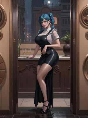 High resolution in 4K, inspired by urban surrealism with touches of classic elegance. | The housekeeper, a beautiful 30-year-old woman, works boldly and sensually. Dressed in a black maid outfit with a white apron, lycra stockings, and black flat shoes, she stares directly at the viewer with her long, blue hair tied in two pigtails with metallic clips, adding a playful touch to her appearance. Her entire body and clothing are wet from water, giving a bold look to the scene. | The setting is in a large and luxurious apartment, filled with elegant furniture and marble structures. A glass dining table, a bookshelf with a 90-inch television, and a window overlooking the rainy city at night make up the scene. The housekeeper, with a bold attitude, interacts with imposing structures, leaning on them and adopting sensual poses, creating a provocative and unique dynamic. | A 30-year-old housekeeper with a blend of urban surrealism and classic elegance, working boldly and sensually in a luxurious apartment during a rainy night. | She is striking a ((sensual pose while interacting, boldly leaning on a large structure in the scene. Elegantly leaning against, it adds a unique touch to the scene.):1.3), ((Full body image)), perfect hand, fingers, hand, perfect, better_hands, More Detail,