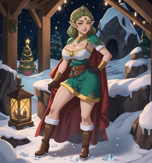 An ultra-detailed 16K masterpiece styled with fantasy and realism, rendered in ultra-high resolution with stunning graphical detail. | Princess Zelda, a beautiful 25-year-old woman, is dressed in an elegant and powerful warrior outfit consisting of white and gold armor, a red cape, brown leather boots, and brown leather gloves. She also wears a golden tiara with the Triforce in the center, gold Triforce-shaped earrings, gold bracelets on her wrists, and a brown leather belt around her waist. His short green hair is disheveled, in a modern, shaggy cut. Her golden eyes are looking straight at the viewer as she ((smiles seductively and shows her teeth)), wearing bright red lipstick and war paint on her face. It is located in a frozen cave, with rock structures, ice structures, a Triforce figurine, wooden structures, and an icy environment around it. The place is habitable, with living and rest areas. The light from the Christmas lights illuminates the place, creating a festive and magical atmosphere. | The image highlights the imposing figure of Princess Zelda and the festive elements of the cave. The rock structures, ice structures, Triforce figurine and wooden structures create a magical and enchanted environment. Illumination from Christmas lights creates dramatic shadows and highlights details in the scene. | Soft, colorful lighting effects create a relaxing and seductive atmosphere, while rough, detailed textures on the structures and costume add realism to the image. | A sensual and festive scene of Princess Zelda, a beautiful woman dressed as an elegant warrior in a habitable frozen cave, exploring themes of fantasy, seduction and Christmas spirit. | (((The image reveals a full-body shot as the Princess Zelda assumes a sensual pose, engagingly leaning against a structure within the scene in an exciting manner. She takes on a sensual pose as she interacts, boldly leaning on a structure, leaning back and boldly throwing herself onto the structure, reclining back in an exhilarating way.))). | ((((full-body shot)))), ((perfect pose)), ((perfect limbs, perfect fingers, better hands, perfect hands, hands))++, ((perfect legs, perfect feet))++, ((huge breasts)), ((perfect design)), ((perfect composition)), ((very detailed scene, very detailed background, perfect layout, correct imperfections)), Enhance++, Ultra details++, More Detail++