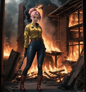 An ultra-detailed 8K masterpiece with a realistic and dramatic style, rendered in ultra-high resolution with graphic detail. | Maya, a young 23-year-old woman, is dressed in a yellow and black firefighter outfit consisting of a fire-resistant leather jacket, fire-resistant leather pants, black rubber boots, and a yellow helmet with a visor. She also wears black leather gloves, a seat belt with tools, and an oxygen tank on her back. Her pink hair is styled in a high bun, with a few loose strands falling across her face. She has green eyes, looking at the viewer with a ((confident smile that shows her teeth)). She is located in a burning apartment, with destroyed structures, brick structures, burned machines and burned wooden structures. The fire is spreading quickly, creating high flames and thick smoke. Maya is ready to enter the burning building, using her experience and equipment to save lives. | The image highlights Maya's courageous figure and the destructive elements of the burning apartment. The destroyed structures, brick structures, burned machinery and burned wooden structures, along with the firefighter, create a chaotic and dangerous environment. The tall flames and thick smoke surrounding the firefighter add a dramatic touch to the scene. | Dramatic lighting effects with shades of red, orange and yellow highlight the contrasts between light and shadow, enhancing the intensity of the scene and creating an atmosphere of emergency. Detailed textures on the skin, suit, helmet, gloves, seat belt, oxygen tank and boots add realism to the image. | A dramatic and emotional scene of a young firefighter ready to enter a burning apartment, fusing elements of realism and drama. | (((The image reveals a full-body shot as Maya assumes a confident pose, engagingly leaning against a structure within the scene in an exciting manner. She takes on a confident pose as she interacts, boldly leaning on a structure, leaning back and boldly throwing herself onto the structure, reclining back in an exhilarating way.))). | ((((full-body shot)))), ((perfect pose)), ((perfect limbs, perfect fingers, better hands, perfect hands, hands):0.8), ((perfect legs, perfect feet)), ((perfect design)), ((perfect composition)), ((very detailed scene, very detailed background, perfect layout, correct imperfections)), Enhance, Ultra details++, More Detail, poakl