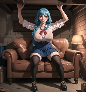 A masterpiece in 8K ultra-detailed with realistic and horror styles, rendered in ultra-high resolution with graphic details. | A 23-year-old woman with enormous breasts, wearing a dirty and deteriorated schoolgirl outfit with a torn blue pleated skirt, dirty white blouse, stained white knee-high socks, worn-out black shoes, and a faded red bow around her neck. Long blue hair with braids and two buns. Yellow eyes, ((looking at the viewer, smiling and showing teeth, wearing red lipstick)). Located in a grimy basement with wooden structures, an old sofa, and metal structures. The dim light of a single lamp hanging from the ceiling illuminates the place, casting dancing shadows on the basement walls. An old sofa, cardboard boxes, and cobwebs adorn the scene. | The image highlights the imposing figure of the young woman and the architectural elements of the basement. The wooden structures, old sofa, cardboard boxes, and cobwebs, along with the young woman, create a frightening and unsettling environment. The dim light of the hanging lamp creates dramatic shadows and emphasizes the details of the scene. | Soft and somber lighting effects create a tense and mysterious atmosphere, while rough and detailed textures on the structures and outfit add realism to the image. | A disturbing and unsettling scene of a young woman in a grimy basement, exploring themes of horror and suspense. | (((The image reveals a full-body shot as she assumes a sensual pose, engagingly leaning against a structure within the scene in an exciting manner. She takes on a sensual pose as she interacts, boldly leaning on a structure, leaning back and boldly throwing herself onto the structure, reclining back in an exhilarating way.))). | ((((full-body shot)))), ((perfect pose)), ((perfect arms):1.2), ((perfect limbs, perfect fingers, better hands, perfect hands, hands)), ((perfect legs, perfect feet):1.2), she has ((perfect breasts, firm breasts, saggy breasts, huge breasts)), ((perfect design)), ((perfect composition)), ((very detailed scene, very detailed background, perfect layout, correct imperfections)), (((Enhance))), ((More Detail, poakl, milf))+++