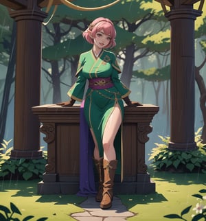 An ultra-detailed 16K masterpiece in the styles of Warcraft, fantasy and adventure, rendered in ultra-high resolution with realistic detail. Naiya, a beautiful 23-year-old woman, is dressed as an archer in an elven forest at night, when it's raining hard. She wears a green suit of clothes, a brown sash, brown boots and brown gloves. Her short pink hair is styled in a Mohican cut, with gradient effects. She has red eyes, looking at the viewer while smiling, showing her teeth and wearing red lipstick. The image emphasises Naiya's imposing figure and the architectural elements of the elven forest. The trunks, trees, rock structures, pillars and wooden structures create a mysterious and tense atmosphere. The melted wax candles, stone sarcophagus and bones scattered on the ground add macabre detail to the scene. Soft, sombre lighting effects create a relaxing, mysterious atmosphere, while detailed textures on the structures and costume add realism to the image. | A tense and mysterious scene of a beautiful female archer in an elven forest at night, raining heavily, fusing elements of Warcraft, fantasy and adventure. (((The image reveals a full-body shot as Naiya assumes a sensual pose, engagingly leaning against a structure within the scene in an exciting manner. She takes on a sensual pose as she interacts, boldly leaning on a structure, leaning back and boldly throwing herself onto the structure, reclining back in an exhilarating way.))). | ((((full-body shot)))), ((perfect pose)), ((perfect limbs, perfect fingers, better hands, perfect hands, hands)), ((perfect legs, perfect feet)), ((huge breasts)), ((perfect design)), ((perfect composition)), ((very detailed scene, very detailed background, perfect layout, correct imperfections)), Enhance, Ultra details++, More Detail, poakl