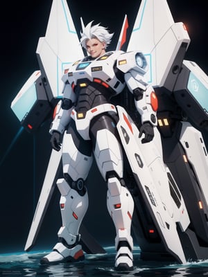 A man wearing a white mecha suit with black parts in a submarine, ((full body)). 16k, UHD, better quality, better resolution, better detail, Super Saiyan Superior Instinct