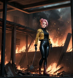 An ultra-detailed 8K masterpiece with a realistic and dramatic style, rendered in ultra-high resolution with graphic detail. | Maya, a young 23-year-old woman, is dressed in a yellow and black firefighter outfit consisting of a fire-resistant leather jacket, fire-resistant leather pants, black rubber boots, and a yellow helmet with a visor. She also wears black leather gloves, a seat belt with tools, and an oxygen tank on her back. Her pink hair is styled in a high bun, with a few loose strands falling across her face. She has green eyes, looking at the viewer with a ((confident smile that shows her teeth)). She is located in a burning apartment, with destroyed structures, brick structures, burned machines and burned wooden structures. The fire is spreading quickly, creating high flames and thick smoke. Maya is ready to enter the burning building, using her experience and equipment to save lives. | The image highlights Maya's courageous figure and the destructive elements of the burning apartment. The destroyed structures, brick structures, burned machinery and burned wooden structures, along with the firefighter, create a chaotic and dangerous environment. The tall flames and thick smoke surrounding the firefighter add a dramatic touch to the scene. | Dramatic lighting effects with shades of red, orange and yellow highlight the contrasts between light and shadow, enhancing the intensity of the scene and creating an atmosphere of emergency. Detailed textures on the skin, suit, helmet, gloves, seat belt, oxygen tank and boots add realism to the image. | A dramatic and emotional scene of a young firefighter ready to enter a burning apartment, fusing elements of realism and drama. | (((The image reveals a full-body shot as Maya assumes a confident pose, engagingly leaning against a structure within the scene in an exciting manner. She takes on a confident pose as she interacts, boldly leaning on a structure, leaning back and boldly throwing herself onto the structure, reclining back in an exhilarating way.))). | ((((full-body shot)))), ((perfect pose)), ((perfect limbs, perfect fingers, better hands, perfect hands, hands):0.8), ((perfect legs, perfect feet)), ((perfect design)), ((perfect composition)), ((very detailed scene, very detailed background, perfect layout, correct imperfections)), Enhance, Ultra details++, More Detail, poakl