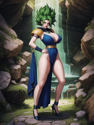 A woman ((solo)), wearing all white mecha costume, mecha costume with parts in blue, mecha costume with cybernetic armor, very tight mecha costume, gigantic breasts, SuperSaiyan, green hair, super saiyan, (looking directly at the viewer), she is, in a dungeon in a cave, with many machines, monsters, robots, altars, stone pillars, luminous pipes, waterfall, 16K, UHD, best possible quality, ultra detailed, best possible possible resolution, Unreal Engine 5, professional photography, she is, ((sensual pose with interaction and leaning on anything + object + on something + leaning against)) + perfect_thighs, perfect_legs, perfect_feet, better_hands, ((full body)), More detail,