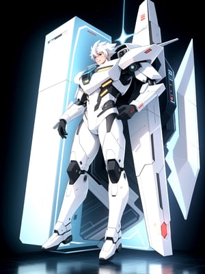 A man wearing a white mecha suit with black parts in a submarine, ((full body):1.5). 16k, UHD, better quality, better resolution, better detail, Super Saiyan Superior Instinct