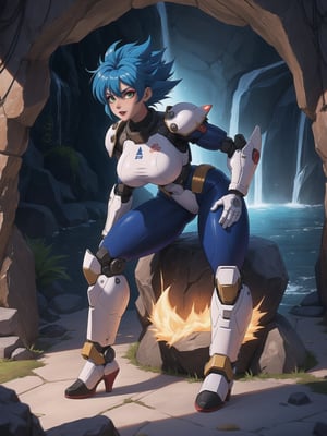 A woman, wearing all white mecha suit, mecha suit with parts in blue, mecha suit with cybernetic armor, very tight mecha suit, gigantic breasts, ((super saiyan hair, super saiyan spiky hair)), blue hair, very short hair, messy hair, hair with bangs in front of the eyes, (looking directly at the viewer), she is, in a dungeon in a cave, with many machines, monsters, robots, altars, pillars of stones, luminous pipes, waterfall, 16K, UHD, best possible quality, ultra detailed, best possible resolution, Unreal Engine 5, professional photography, she is, ((sensual pose with interaction and leaning on anything + object + on something + leaning against)) + perfect_thighs, perfect_legs, perfect_feet, better_hands, ((full body)), More detail,