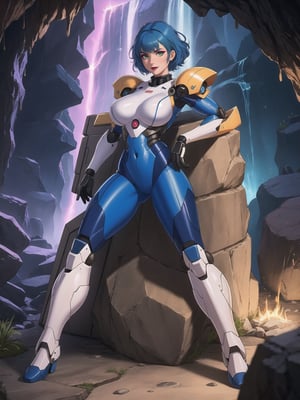 A woman, wearing all white mecha suit, mecha suit with parts in blue, mecha suit with cybernetic armor, very tight mecha suit, gigantic breasts, blue hair, very short hair, messy hair, hair with bangs in front of the eyes, (looking directly at the viewer), she is, in a dungeon in a cave, with many machines, monsters, robots, altars, pillars of stones, luminous pipes, waterfall, 16K, UHD, best possible quality, ultra detailed, best possible resolution, Unreal Engine 5, professional photography, mecha, super metroid, she is, ((sensual pose with interaction and leaning on anything + object + on something + leaning against)) + perfect_thighs, perfect_legs, perfect_feet, better_hands, ((full body)), More detail,