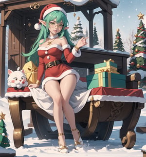 Image in Christmas, Fantasy, Adventure and Romance style, rendered in crystal clear 4K. | Minty, a 24-year-old woman with an athletic body and prominent curves, is posing in a Santa Claus house filled with wooden structures, snow, metal structures, plastic structures, a sleigh and toys. She is dressed in a green and white Santa Claus elf costume, with red details, which fits her body perfectly. Her short green hair is styled in a sleek, modern cut, while her bright yellow eyes are looking at the viewer with a bright ((bright smile, showing off her white teeth)) and red painted lips. She is also wearing a pair of green sunglasses with mirrored lenses, a gold necklace with a bell-shaped pendant, silver bracelets on her hands and a gold ring with a small diamond on her left hand. | The camera captures Minty in a three-quarter angle, with Santa's house serving as a festive, enchanted backdrop. The lighting is warm and welcoming, with twinkling lights on Christmas trees and lit candles scattered throughout the house. | Gently falling snow effects and a magical glow further add to the feeling of fantasy and adventure. | Theme Summary: Minty, an attractive young woman in a Santa elf costume, posing in a Santa house filled with toys and festive decorations. | (((((The camera captures Minty in a full-body_shot, striking a sensual_pose, leaning enticingly on a structure within the scene. She assumes a relaxed_pose as she interacts, leaning on the structure in the scene, reclining sensually to add an extra allure to the image))))). | ((perfect_body)), ((perfect_pose)), ((full-body_shot)), ((perfect_fingers, better_hands, perfect_hands)), ((perfect_legs, perfect_feet)), ((perfect_design)), ((fix_errors, perfect_composition) ), ((very detailed scene, very detailed background, perfect_layout, correct_imperfections)), ((fix_errors, More Detail, Enhance))