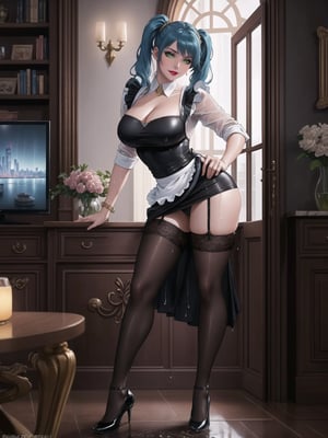 High resolution in 4K, inspired by urban surrealism with touches of classic elegance. | The housekeeper, a beautiful 30-year-old woman, works boldly and sensually. Dressed in a black maid outfit with a white apron, lycra stockings, and black flat shoes, she stares directly at the viewer with her long, blue hair tied in two pigtails with metallic clips, adding a playful touch to her appearance. Her entire body and clothing are wet from water, giving a bold look to the scene. | The setting is in a large and luxurious apartment, filled with elegant furniture and marble structures. A glass dining table, a bookshelf with a 90-inch television, and a window overlooking the rainy city at night make up the scene. The housekeeper, with a bold attitude, interacts with imposing structures, leaning on them and adopting sensual poses, creating a provocative and unique dynamic. | A 30-year-old housekeeper with a blend of urban surrealism and classic elegance, working boldly and sensually in a luxurious apartment during a rainy night. | She is striking a ((sensual pose while interacting, boldly leaning on a large structure in the scene. Elegantly leaning against, it adds a unique touch to the scene.):1.4), ((Full body image)), perfect hand, fingers, hand, perfect, better_hands, More Detail,