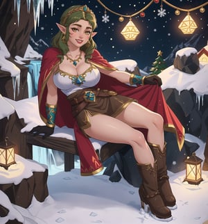 An ultra-detailed 16K masterpiece styled with fantasy and realism, rendered in ultra-high resolution with stunning graphical detail. | Princess Zelda, a beautiful 25-year-old woman, is dressed in an elegant and powerful warrior outfit consisting of white and gold armor, a red cape, brown leather boots, and brown leather gloves. She also wears a golden tiara with the Triforce in the center, gold Triforce-shaped earrings, gold bracelets on her wrists, and a brown leather belt around her waist. His short green hair is disheveled, in a modern, shaggy cut. Her golden eyes are looking straight at the viewer as she ((smiles seductively and shows her teeth)), wearing bright red lipstick and war paint on her face. It is located in a frozen cave, with rock structures, ice structures, a Triforce figurine, wooden structures, and an icy environment around it. The place is habitable, with living and rest areas. The light from the Christmas lights illuminates the place, creating a festive and magical atmosphere. | The image highlights the imposing figure of Princess Zelda and the festive elements of the cave. The rock structures, ice structures, Triforce figurine and wooden structures create a magical and enchanted environment. Illumination from Christmas lights creates dramatic shadows and highlights details in the scene. | Soft, colorful lighting effects create a relaxing and seductive atmosphere, while rough, detailed textures on the structures and costume add realism to the image. | A sensual and festive scene of Princess Zelda, a beautiful woman dressed as an elegant warrior in a habitable frozen cave, exploring themes of fantasy, seduction and Christmas spirit. | (((The image reveals a full-body shot as the Princess Zelda assumes a sensual pose, engagingly leaning against a structure within the scene in an exciting manner. She takes on a sensual pose as she interacts, boldly leaning on a structure, leaning back and boldly throwing herself onto the structure, reclining back in an exhilarating way.))). | ((((full-body shot)))), ((perfect pose)), ((perfect limbs, perfect fingers, better hands, perfect hands, hands))++, ((perfect legs, perfect feet))++, ((huge breasts)), ((perfect design)), ((perfect composition)), ((very detailed scene, very detailed background, perfect layout, correct imperfections)), Enhance++, Ultra details++, More Detail++