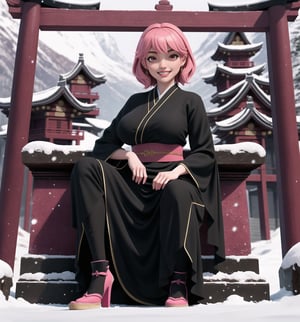 An ultra-detailed 16K masterpiece with fantasy and adventure styles, rendered in ultra-high resolution with realistic detail. Myia, a beautiful 23-year-old woman, is dressed as a ninja in an ancient temple in the snowy mountains. She wears a suit of black clothes, a red sash, black boots and black gloves. Her short ((pink hair)) is styled in a Mohican cut, with gradient effects. She has red eyes, ((looking at the viewer while smiling, showing her teeth)) and wearing red lipstick. The image emphasises Myia's imposing figure and the architectural elements of the ancient temple. The rocky, wooden and carved structures, together with the statuettes and the background of snowy mountains, create a mysterious and tense atmosphere. The melted wax candles, stone sarcophagus and bones scattered on the floor add macabre detail to the scene. Soft, sombre lighting effects create a relaxing, mysterious atmosphere, while detailed textures on the structures and costume add realism to the image. | A tense and mysterious scene of a beautiful ninja in an ancient temple in the snowy mountains, fusing elements of fantasy and adventure. (((The image reveals a full-body shot as Myia assumes a sensual pose, engagingly leaning against a structure within the scene in an exciting manner. She takes on a sensual pose as she interacts, boldly leaning on a structure, leaning back and boldly throwing herself onto the structure, reclining back in an exhilarating way.))). | ((((full-body shot)))), ((perfect pose)), ((perfect limbs, perfect fingers, better hands, perfect hands, hands)), ((perfect legs, perfect feet)), ((huge breasts)), ((perfect design)), ((perfect composition)), ((very detailed scene, very detailed background, perfect layout, correct imperfections)), Enhance, Ultra details++, More Detail, poakl