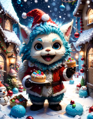 Masterpiece in maximum 16K resolution, with the charming chibi style enhanced by the fusion of Christmas elements. | In a magical snowstorm scenario, an adorable chibi monster, dressed as Santa Claus, sweetly smiles while holding a tray filled with Christmas sweets and cakes. Its vibrant blue fur contrasts with the whiteness of the snow, and its large eyes convey joy and curiosity. With two cute horns and abundant fur, it looks irresistibly cute. | The composition highlights the monster in the foreground, surrounded by snowflakes and festive elements. The angle is chosen to emphasize its adorable expression, while the snow creates a magical atmosphere around. | Soft lighting effects accentuate the details of the furry fur, and the snowstorm is delicately captured, providing movement to the scene. | Enchanting scene of a chibi monster dressed as Santa Claus, surrounded by Christmas sweets and cakes during a snowstorm. ,more detail XL