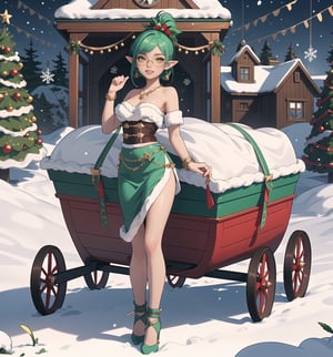Image in Christmas, Fantasy, Adventure and Romance style, rendered in crystal clear 4K. | Minty, a 24-year-old woman with an athletic body and prominent curves, is posing in a Santa Claus house filled with wooden structures, snow, metal structures, plastic structures, a sleigh and toys. She is dressed in a green and white Santa Claus elf costume, with red details, which fits her body perfectly. Her short green hair is styled in a sleek, modern cut, while her bright yellow eyes are looking at the viewer with a bright ((bright smile, showing off her white teeth)) and red painted lips. She is also wearing a pair of green sunglasses with mirrored lenses, a gold necklace with a bell-shaped pendant, silver bracelets on her hands and a gold ring with a small diamond on her left hand. | The camera captures Minty in a three-quarter angle, with Santa's house serving as a festive, enchanted backdrop. The lighting is warm and welcoming, with twinkling lights on Christmas trees and lit candles scattered throughout the house. | Gently falling snow effects and a magical glow further add to the feeling of fantasy and adventure. | Theme Summary: Minty, an attractive young woman in a Santa elf costume, posing in a Santa house filled with toys and festive decorations. | (((((The camera captures Minty in a full-body_shot, striking a sensual_pose, leaning enticingly on a structure within the scene. She assumes a relaxed_pose as she interacts, leaning on the structure in the scene, reclining sensually to add an extra allure to the image))))). | ((perfect_body)), ((perfect_pose)), ((full-body_shot)), ((perfect_fingers, better_hands, perfect_hands)), ((perfect_legs, perfect_feet)), ((perfect_design)), ((fix_errors, perfect_composition) ), ((very detailed scene, very detailed background, perfect_layout, correct_imperfections)), ((fix_errors, More Detail, Enhance))