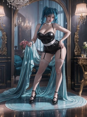 High resolution in 4K, inspired by urban surrealism with touches of classic elegance. | The housekeeper, a beautiful 30-year-old woman, works boldly and sensually. Dressed in a black maid outfit with a white apron, lycra stockings, and black flat shoes, she stares directly at the viewer with her long, blue hair tied in two pigtails with metallic clips, adding a playful touch to her appearance. Her entire body and clothing are wet from water, giving a bold look to the scene. | The setting is in a large and luxurious apartment, filled with elegant furniture and marble structures. A glass dining table, a bookshelf with a 90-inch television, and a window overlooking the rainy city at night make up the scene. The housekeeper, with a bold attitude, interacts with imposing structures, leaning on them and adopting sensual poses, creating a provocative and unique dynamic. | A 30-year-old housekeeper with a blend of urban surrealism and classic elegance, working boldly and sensually in a luxurious apartment during a rainy night. | She: ((interacting boldly, leaning on imposing structures, adopting sensual poses):1.3), (((Full body image))), perfect hand, fingers, hand, perfect, better_hands, More Detail,Fantexi