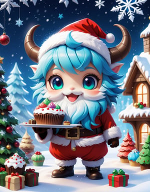 Masterpiece in maximum 16K resolution, with the charming chibi style enhanced by the fusion of Christmas elements. | In a magical snowstorm scenario, an adorable chibi monster, dressed as Santa Claus, sweetly smiles while holding a tray filled with Christmas sweets and cakes. Its vibrant blue fur contrasts with the whiteness of the snow, and its large eyes convey joy and curiosity. With two cute horns and abundant fur, it looks irresistibly cute. | The composition highlights the monster in the foreground, surrounded by snowflakes and festive elements. The angle is chosen to emphasize its adorable expression, while the snow creates a magical atmosphere around. | Soft lighting effects accentuate the details of the furry fur, and the snowstorm is delicately captured, providing movement to the scene. | Enchanting scene of a chibi monster dressed as Santa Claus, surrounded by Christmas sweets and cakes during a snowstorm. 