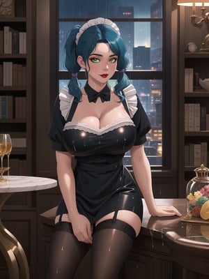 High resolution in 4K, inspired by urban surrealism with touches of classic elegance. | The housekeeper, a beautiful 30-year-old woman, works boldly and sensually. Dressed in a black maid outfit with a white apron, lycra stockings, and black flat shoes, she stares directly at the viewer with her long, blue hair tied in two pigtails with metallic clips, adding a playful touch to her appearance. Her entire body and clothing are wet from water, giving a bold look to the scene. | The setting is in a large and luxurious apartment, filled with elegant furniture and marble structures. A glass dining table, a bookshelf with a 90-inch television, and a window overlooking the rainy city at night make up the scene. The housekeeper, with a bold attitude, interacts with imposing structures, leaning on them and adopting sensual poses, creating a provocative and unique dynamic. | A 30-year-old housekeeper with a blend of urban surrealism and classic elegance, working boldly and sensually in a luxurious apartment during a rainy night. | She is striking a ((sensual pose while interacting, boldly leaning on a large structure in the scene. Elegantly leaning against, it adds a unique touch to the scene.):1.3), ((Full body image)), perfect hand, fingers, hand, perfect, better_hands, More Detail,