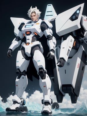 A man wearing a white mecha suit with black parts in a submarine, ((full body)). 16k, UHD, better quality, better resolution, better detail, Super Saiyan Superior Instinct