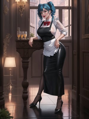 High resolution in 4K, inspired by urban surrealism with touches of classic elegance. | The housekeeper, a beautiful 30-year-old woman, works boldly and sensually. Dressed in a black maid outfit with a white apron, lycra stockings, and black flat shoes, she stares directly at the viewer with her long, blue hair tied in two pigtails with metallic clips, adding a playful touch to her appearance. Her entire body and clothing are wet from water, giving a bold look to the scene. | The setting is in a large and luxurious apartment, filled with elegant furniture and marble structures. A glass dining table, a bookshelf with a 90-inch television, and a window overlooking the rainy city at night make up the scene. The housekeeper, with a bold attitude, interacts with imposing structures, leaning on them and adopting sensual poses, creating a provocative and unique dynamic. | A 30-year-old housekeeper with a blend of urban surrealism and classic elegance, working boldly and sensually in a luxurious apartment during a rainy night. | She: ((interacting and leaning on anything, very large structure, leaning against, sensual pose):1.3), ((Full body image)), perfect hand, fingers, hand, perfect, better_hands, More Detail,