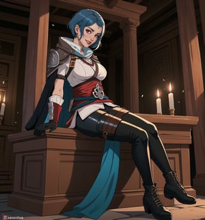 An ultra-detailed 16K masterpiece in the styles of ((Assassin's Creed)), fantasy and adventure, rendered in ultra-high resolution with realistic detail. Kalina, a beautiful 23-year-old woman, is dressed as an assassin in an ancient temple. She wears a black cloak, a white tunic, a black belt, black boots and black gloves. Her short ((blue hair)) is styled in a Mohican cut, with gradient effects. She has red eyes, looking at the viewer while smiling, showing her teeth and wearing red lipstick. The image emphasises Kalina's imposing figure and the architectural elements of the ancient temple. The rocky, wooden and carved structures, together with the candles, create a mysterious and tense atmosphere. The melted wax candles, stone sarcophagus and bones scattered on the floor add macabre detail to the scene. Soft, sombre lighting effects create a relaxing and mysterious atmosphere, while detailed textures on the structures and costume add realism to the image. | A tense and mysterious scene of a beautiful Assassin in an ancient temple, fusing elements of Assassin's Creed, fantasy and adventure. (((The image reveals a full-body shot as Kalina assumes a sensual pose, engagingly leaning against a structure within the scene in an exciting manner. She takes on a sensual pose as she interacts, boldly leaning on a structure, leaning back and boldly throwing herself onto the structure, reclining back in an exhilarating way.))). | ((((full-body shot)))), ((perfect pose)), ((perfect limbs, perfect fingers, better hands, perfect hands, hands)), ((perfect legs, perfect feet)), ((huge breasts)), ((perfect design)), ((perfect composition)), ((very detailed scene, very detailed background, perfect layout, correct imperfections)), Enhance, Ultra details++, More Detail, poakl