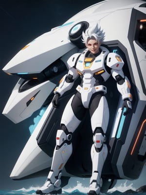 A man wearing a white mecha suit with black parts in a submarine, ((full body)). 16k, UHD, better quality, better resolution, better detail, Super Saiyan Superior Instinct