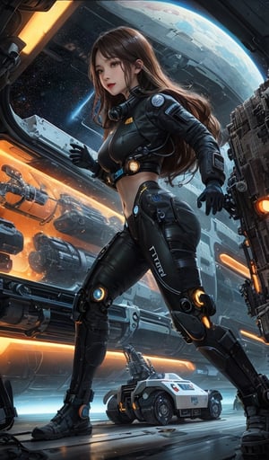 Special operation agent, futuristic tactical black suit, extra detailed, detailed anatomy, detailed face, detailed eyes, 1 girl, long brown hair, brown eyes, opening vehicle engine, (((repair space vehicle))), various  tools and equipments, futuristic sci-fi space mobility vehicle, happy, friendly, flirty, crop top, repairing machine, handling heavy machinery, operating complex futuristic machinery, head view , laying on floor 