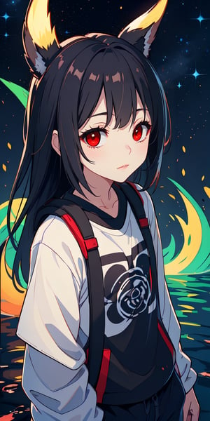 red eyes, black hair, girl, Loli, little girl, tender expression, long hair, (dinamic pose),
black baggy track pants, large white t-shirt with hood, long bangs, (white t-shirt black sleeves), centered, digital art, | sky, heavenly clouds, constellations, sky, clouds, heaven, mystical, psycodelic, | (saturated colors:1.2), sunset, bokeh, depth of field, | , hands in pockets, small breasts, slender body, stopped in a puddle, slight smile,twitch emoji, (Upper body)