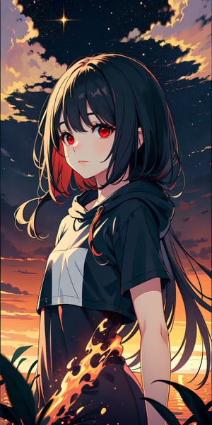 red eyes, black hair, girl, Loli, little girl, tender expression, long hair, (dinamic pose),
black baggy track pants, large white t-shirt with hood, long bangs, (white t-shirt black sleeves), centered, digital art, | sky, heavenly clouds, constellations, sky, clouds, heaven, mystical, psycodelic, | (saturated colors:1.2), sunset, bokeh, depth of field, | , hands in pockets, small breasts, slender body, stopped in a puddle, slight smile,twitch emoji, (Upper body)