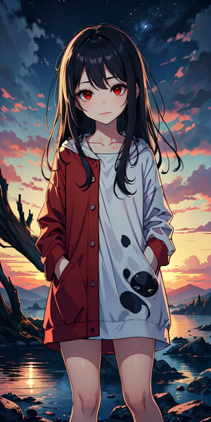 red eyes, black hair with red tips, girl, tender expression, ((long hair)), (dinamic pose), (pijama),
 centered, digital art, | sky, heavenly clouds, constellations, sky, clouds, heaven, mystical, psycodelic, | (saturated colors:1.2), sunset, bokeh, depth of field, | , hands in pockets, small breasts, slender body, slight smile,twitch emoji, standing on a floating platform