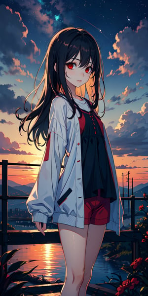 red eyes, black hair with red tips, girl, tender expression, ((long hair)), (dinamic pose), (pijama),
 centered, digital art, | sky, heavenly clouds, constellations, sky, clouds, heaven, mystical, psycodelic, | (saturated colors:1.2), sunset, bokeh, depth of field, | , hands in pockets, small breasts, slender body, slight smile,twitch emoji, standing on a floating platform