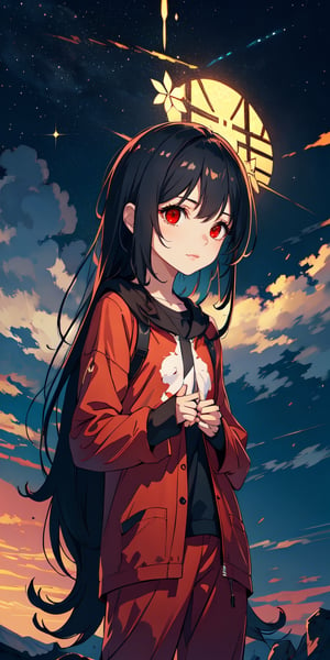 red eyes, black hair with red tips, girl, tender expression, ((long hair)), (dinamic pose), (pijama),
 centered, digital art, | sky, heavenly clouds, constellations, sky, clouds, heaven, mystical, psycodelic, | (saturated colors:1.2), sunset, bokeh, depth of field, | , hands in pockets, small breasts, slender body, slight smile,twitch emoji, standing on a floating platform