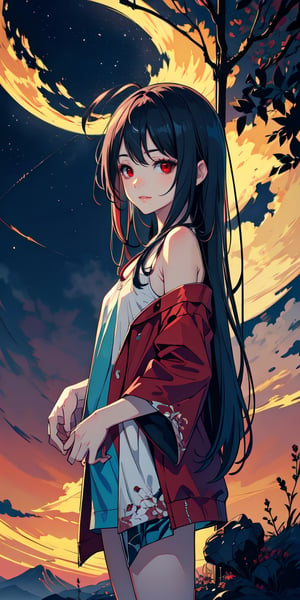 red eyes, black hair with red tips, girl, tender expression, ((long hair)), (dinamic pose), (pijama),
 centered, digital art, | sky, heavenly clouds, constellations, sky, clouds, heaven, mystical, psycodelic, | (saturated colors:1.2), sunset, bokeh, depth of field, | , hands in pockets, small breasts, slender body, slight smile,twitch emoji, standing on a floating platform