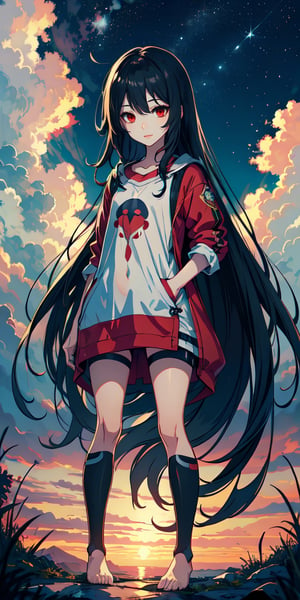 red eyes, black hair with red tips, girl, tender expression, ((long hair)), (dinamic pose), (pijama),
 centered, digital art, | sky, heavenly clouds, constellations, sky, clouds, heaven, mystical, psycodelic, | (saturated colors:1.2), sunset, bokeh, depth of field, | , hands in pockets, small breasts, slender body, slight smile,twitch emoji, standing on a floating platform