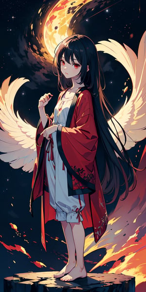 red eyes, black hair with red tips, girl, tender expression, ((long hair)), (dinamic pose), (pijama),
 centered, digital art, | sky, heavenly clouds, constellations, sky, clouds, heaven, mystical, psycodelic, | (saturated colors:1.2), sunset, bokeh, depth of field, | , hands in pockets, small breasts, slender body, slight smile,twitch emoji, standing on a floating platform