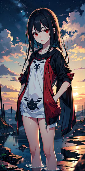 red eyes, black hair with red tips, girl, tender expression, ((long hair)), (dinamic pose), (pijama),
 centered, digital art, | sky, heavenly clouds, constellations, sky, clouds, heaven, mystical, psycodelic, | (saturated colors:1.2), sunset, bokeh, depth of field, | , hands in pockets, small breasts, slender body, slight smile,twitch emoji, standing on a floating platform