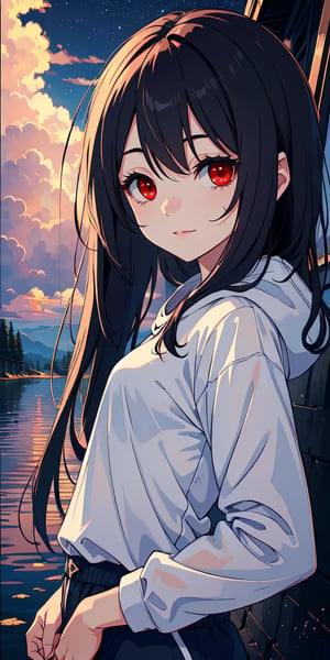 red eyes, black hair, girl, Loli, little girl, tender expression, long hair, (dinamic pose),
black baggy track pants, large white t-shirt with hood, long bangs, (white t-shirt black sleeves), centered, digital art, | sky, heavenly clouds, constellations, sky, clouds, heaven, mystical, psycodelic, | (saturated colors:1.2), sunset, bokeh, depth of field, | , hands in pockets, small breasts, slender body, stopped in a puddle, slight smile,twitch emoji, (Upper body)