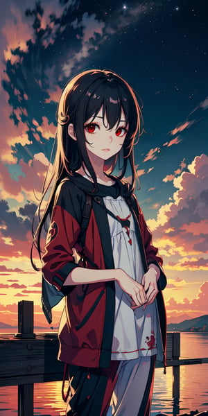 red eyes, black hair with red tips, girl, tender expression, ((long hair)), (dinamic pose), (pijama),
 centered, digital art, | sky, heavenly clouds, constellations, sky, clouds, heaven, mystical, psycodelic, | (saturated colors:1.2), sunset, bokeh, depth of field, | , hands in pockets, small breasts, slender body, slight smile,twitch emoji, standing on a floating platform