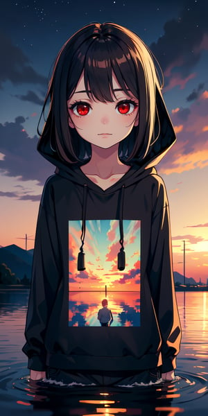 red eyes, black hair, girl, Loli, little girl, tender expression, long hair, (dinamic pose),
black baggy track pants, large white t-shirt with hood, long bangs, (white t-shirt black sleeves), centered, digital art, | sky, heavenly clouds, constellations, sky, clouds, heaven, mystical, psycodelic, | (saturated colors:1.2), sunset, bokeh, depth of field, | , hands in pockets, small breasts, slender body, stopped in a puddle, slight smile,twitch emoji, (Upper body)