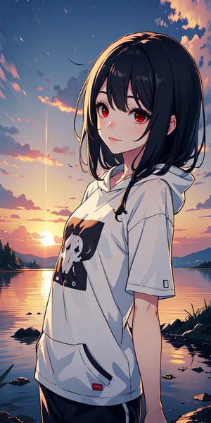 red eyes, black hair, girl, Loli, little girl, tender expression, long hair, (dinamic pose),
black baggy track pants, large white t-shirt with hood, long bangs, (white t-shirt black sleeves), centered, digital art, | sky, heavenly clouds, constellations, sky, clouds, heaven, mystical, psycodelic, | (saturated colors:1.2), sunset, bokeh, depth of field, | , hands in pockets, small breasts, slender body, stopped in a puddle, slight smile,twitch emoji, (Upper body)