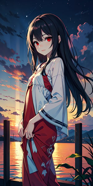 red eyes, black hair with red tips, girl, tender expression, ((long hair)), (dinamic pose), (pijama),
 centered, digital art, | sky, heavenly clouds, constellations, sky, clouds, heaven, mystical, psycodelic, | (saturated colors:1.2), sunset, bokeh, depth of field, | , hands in pockets, small breasts, slender body, slight smile,twitch emoji, standing on a floating platform