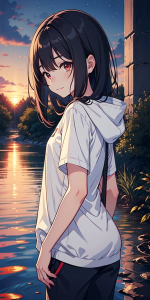 red eyes, black hair, girl, Loli, little girl, tender expression, long hair, (dinamic pose),
black baggy track pants, large white t-shirt with hood, long bangs, (white t-shirt black sleeves), centered, digital art, | sky, heavenly clouds, constellations, sky, clouds, heaven, mystical, psycodelic, | (saturated colors:1.2), sunset, bokeh, depth of field, | , hands in pockets, small breasts, slender body, stopped in a puddle, from behind looking back, slight smile,twitch emoji, (Upper body)