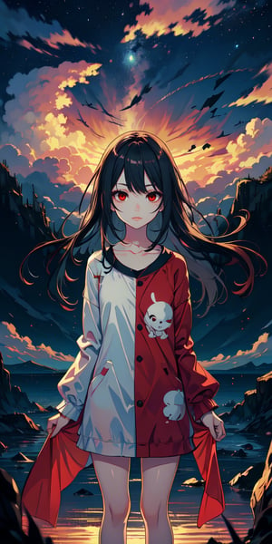 red eyes, black hair with red tips, girl, tender expression, ((long hair)), (dinamic pose), (pijama),
 centered, digital art, | sky, heavenly clouds, constellations, sky, clouds, heaven, mystical, psycodelic, | (saturated colors:1.2), sunset, bokeh, depth of field, | , hands in pockets, small breasts, slender body, slight smile,twitch emoji, standing on a floating platform