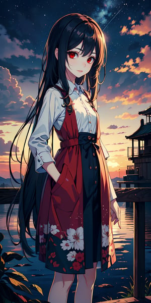 red eyes, black hair with red tips, girl, tender expression, ((long hair)), (dinamic pose), (pijama),
 centered, digital art, | sky, heavenly clouds, constellations, sky, clouds, heaven, mystical, psycodelic, | (saturated colors:1.2), sunset, bokeh, depth of field, | , hands in pockets, small breasts, slender body, slight smile,twitch emoji, standing on a floating platform