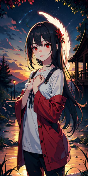 red eyes, black hair with red tips, girl, tender expression, ((long hair)), (dinamic pose), (pijama),
 centered, digital art, | sky, heavenly clouds, constellations, sky, clouds, heaven, mystical, psycodelic, | (saturated colors:1.2), sunset, bokeh, depth of field, | , hands in pockets, small breasts, slender body, slight smile,twitch emoji, standing on a floating platform