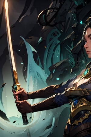 holding sword, huge breasts, (masterpiece), best quality, expressive eyes, perfect face, A colorful and lively illustration inside a forest at night, campfire, Shadowheart huge breasts, fantasy armor, black hair, braided ponytail, circlet, elf, pointy ears, 