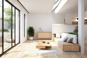 A bright and airy minimalist Scandinavian-style interior with plenty of natural light pouring in through the large windows. The walls are painted a crisp white, and the floors are made of light-colored wood. The furniture is simple and understated, with clean lines and minimal ornamentation. A few well-placed plants add a touch of greenery to the space. The overall feel is calm, serene, and inviting. In the center of the room, warm sunlight streaming through the windows, minimalist_interior