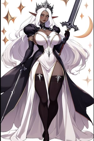 score_9, score_8_up, score_7_up,  white skin, long white hair, pale skin, elf ears Drow goddess of lust, longswords, beauty and the moon, huge breasts, 2 moons, stars, wearing white royal dress