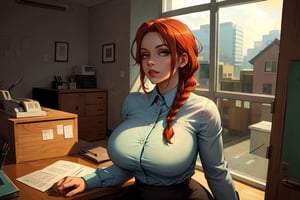 curvy, huge natural breasts, (masterpiece), best quality, expressive eyes, perfect face,photorealistic, cinematic ,makimav1, red braid, looking out from office window